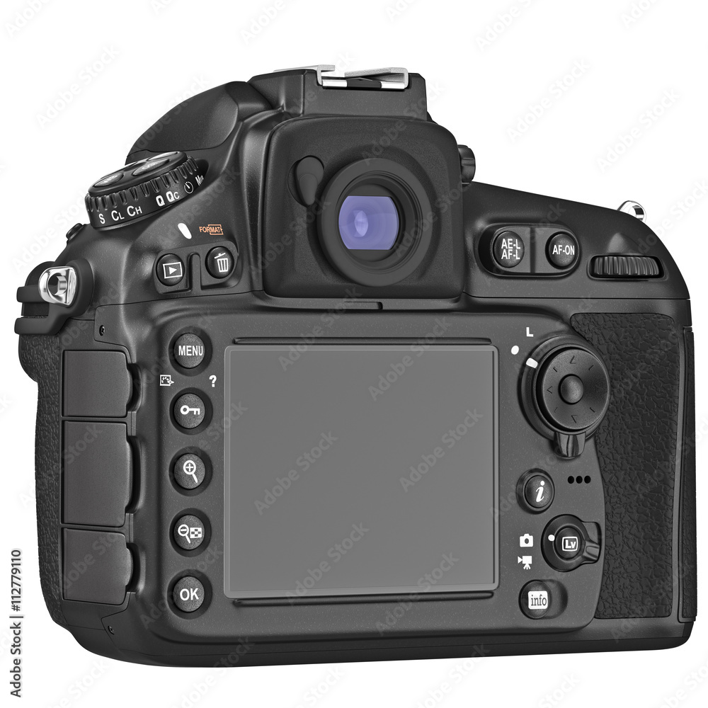 Black DSLR camera with large LCD display. 3D graphic Black DSLR camera with large LCD display. 3D graphic
