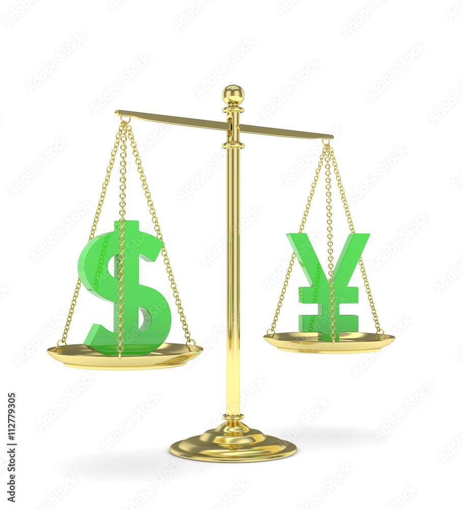Isolated old fashioned pan scale with dollar and yuan,yen on white background. American and chinese and japanese currency. Currency equality. Green money. 3D rendering. Isolated old fashioned pan scale with dollar and yuan,yen on white background. American and chinese and japanese currency. Currency equality. Green money. 3D rendering.