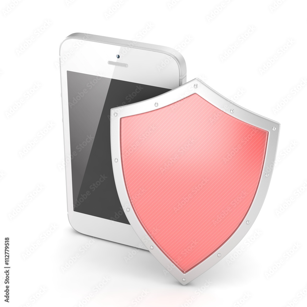 Smartphone and shield on white, security concept. 3d rendering. Smartphone and shield on white, security concept. 3d rendering.