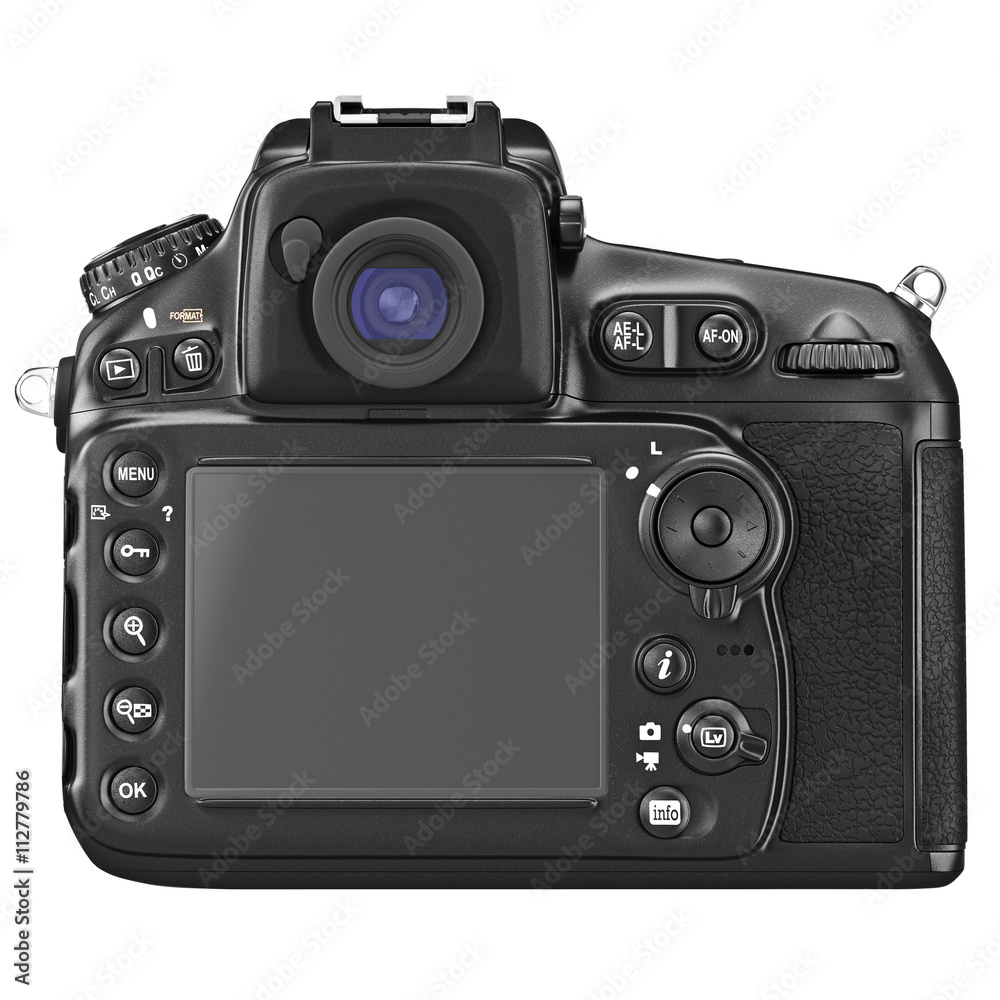 DSLR camera with large LCD display, back view. 3D graphic DSLR camera with large LCD display, back view. 3D graphic