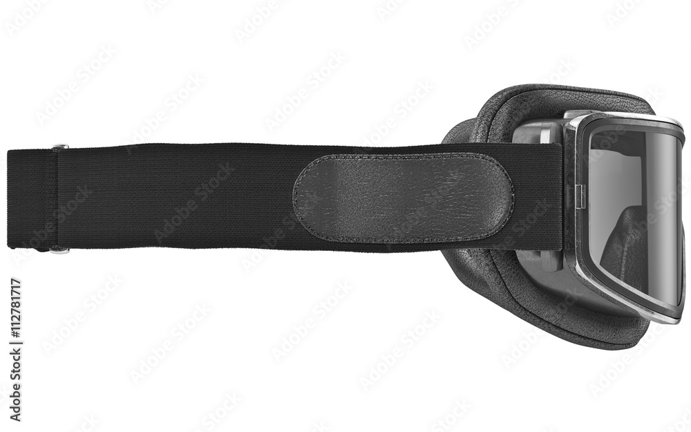 Black leather goggles with stripe on strap, side view. 3D graphic Black leather goggles with stripe on strap, side view. 3D graphic