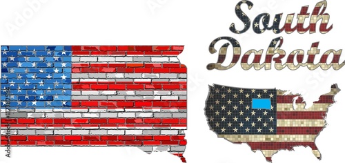 USA state of South Dakota on a brick wall - Illustration,
The flag of the state of South Dakota on brick textured background, 
Font with the United States flag, 
South Dakota map on a brick wall
