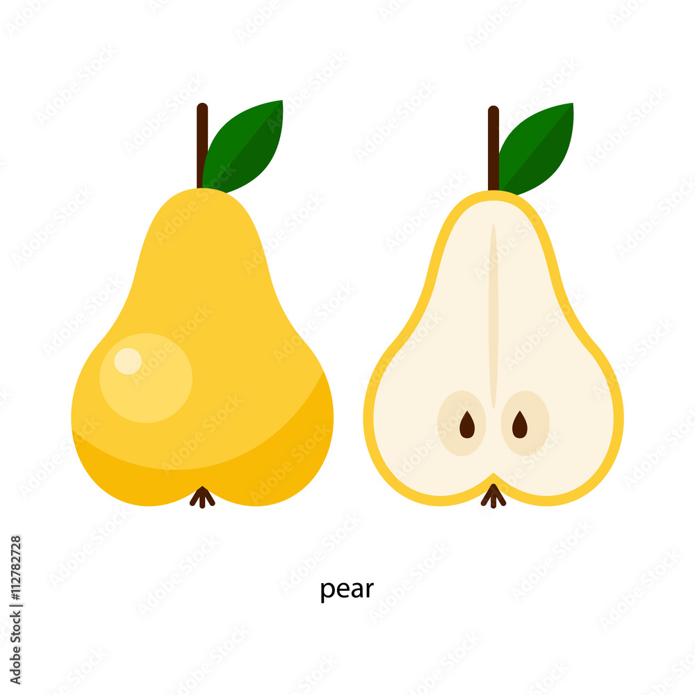 Nice yellow pear with green leaf and its cross-section Nice yellow pear with green leaf and its cross-section