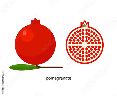 Red pomegranate with green leaf and its cross-section