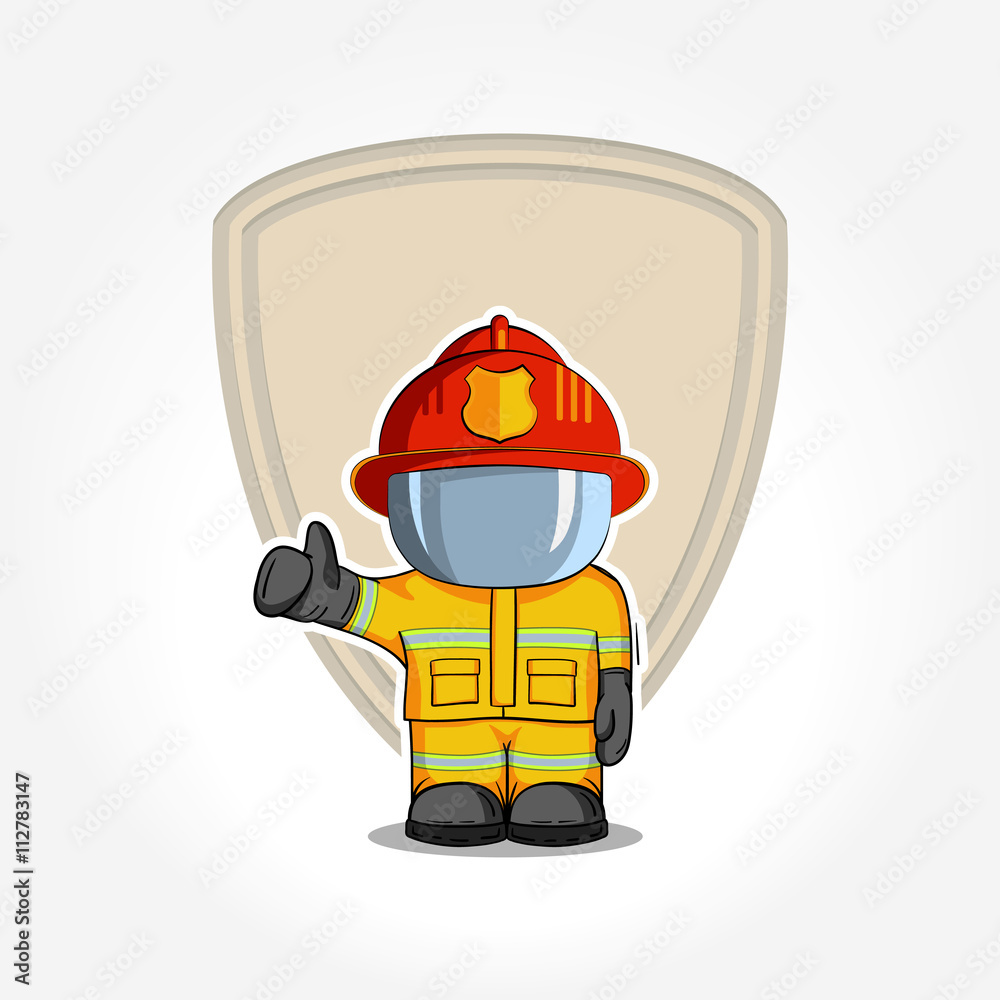 Vector hand drawn illustration. Isolated character firefighter in protective suit stands and raises his finger up. Smoke on a blue background. Vector hand drawn illustration. Isolated character firefighter in protective suit stands and raises his finger up. Smoke on a blue background.