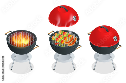 Barbecue design elements and barbecue grill summer food. Flat 3d vector isometric illustration.