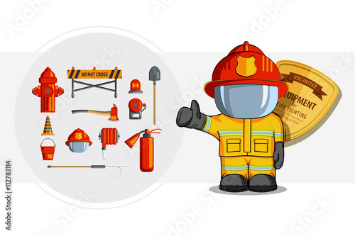 Vector Colorful vintage flat icon set. illustration for infographic. Firefighter Equipment and volunteer emblem.