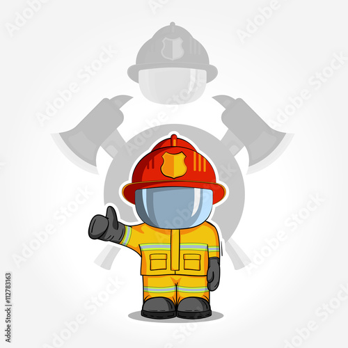 Vector hand drawn illustration. Isolated character firefighter in protective suit stands and raises his finger up. Smoke on a blue background.