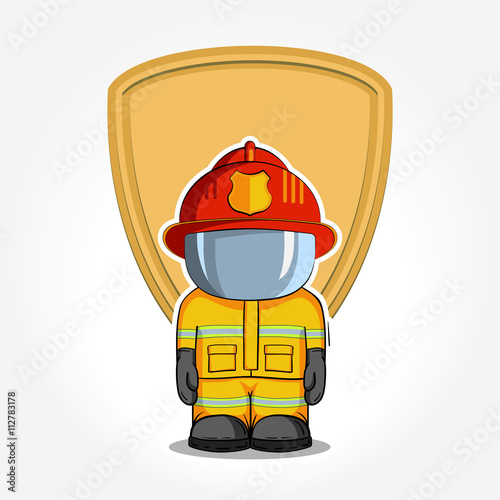 Vector hand drawn illustration. Isolated character firefighter in protective suit stands. © dizinf