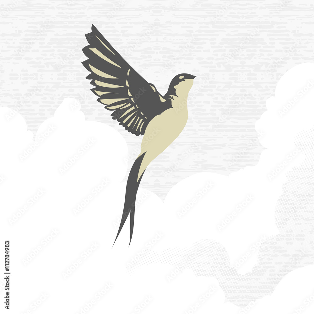 Fototapeta premium Swallow in flight above the clouds