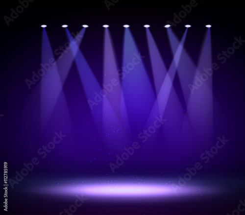 Various stage lights in the dark. Spotlight on stage.