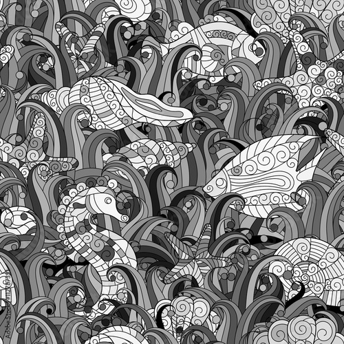 Vector seamless pattern Underwater creatures. Ocean background.