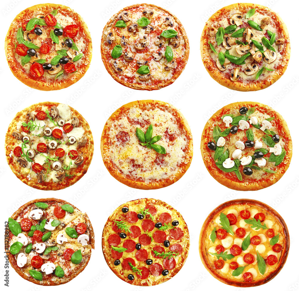 Set of different pizzas isolated on white Set of different pizzas isolated on white