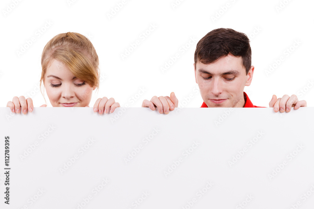 Couple with blank presentation board banner sign