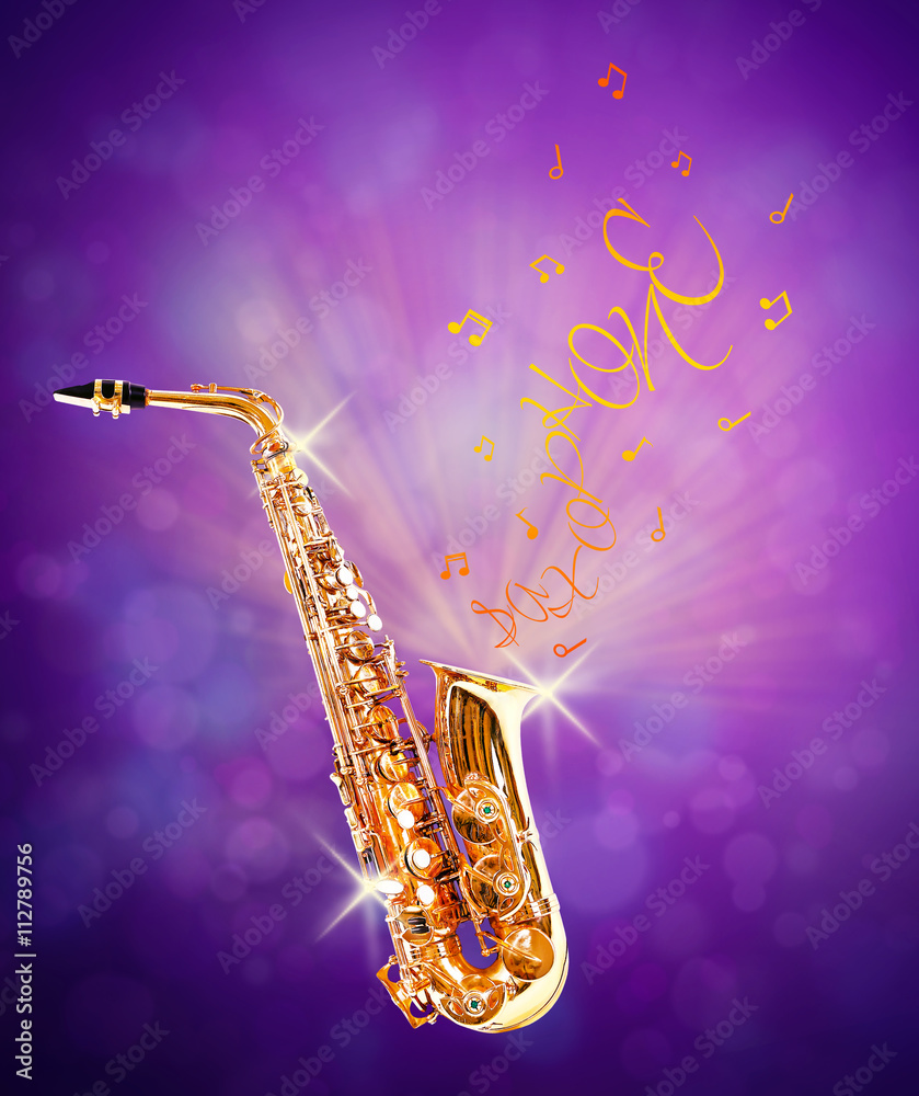 Naklejka premium Golden saxophone and flowing notes from it against purple background