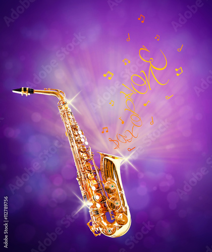 Golden saxophone and flowing notes from it against purple background