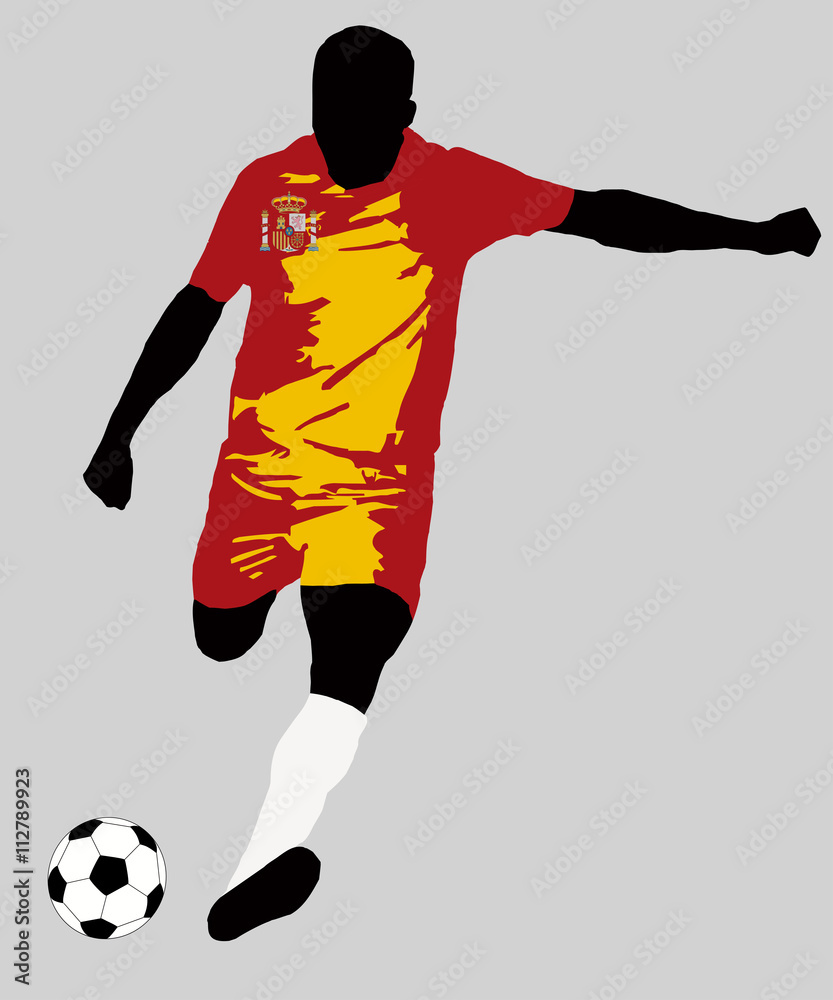 UEFA Euro 2016 vector illustration of football player run hit ball. Group D participant. Soccer team player in uniform with Kingdom of Spain national flag original colors. Flat graphic design clip art