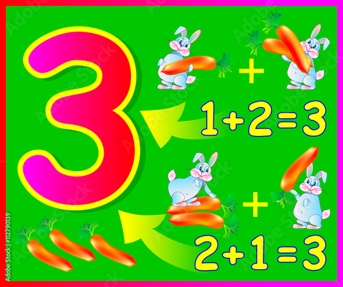 Educational page for children with compositions of number 3. Developing skills for counting. Vector image. 