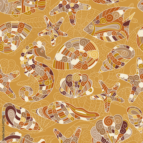 Vector seamless pattern with hand drawn underwater creatures.