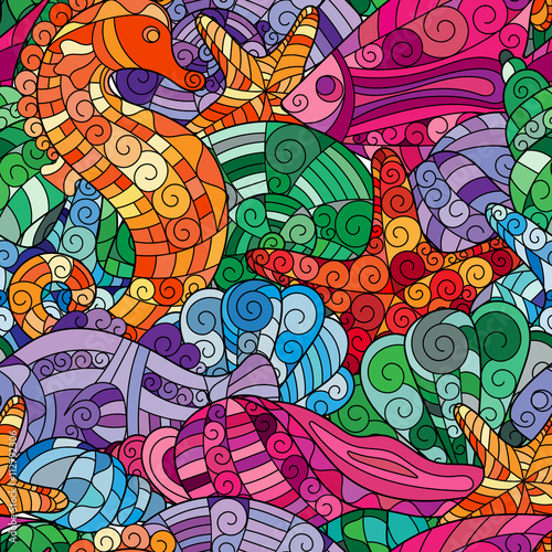 Marine life doodle vector seamless pattern