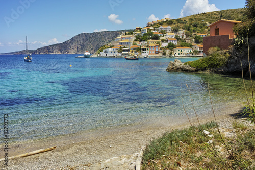 Panorama of Assos village and beautiful sea bay, Kefalonia, Ionian islands, Greece