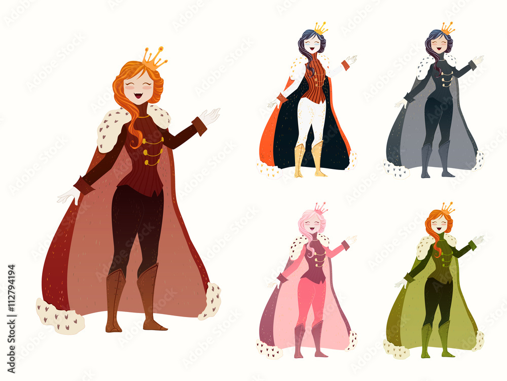 Queen Set. Cute collection of beautiful princesses in different dresses, royal cloaks, crowns, in trouser suits. Hand drawn decorative elements, vector illustration.