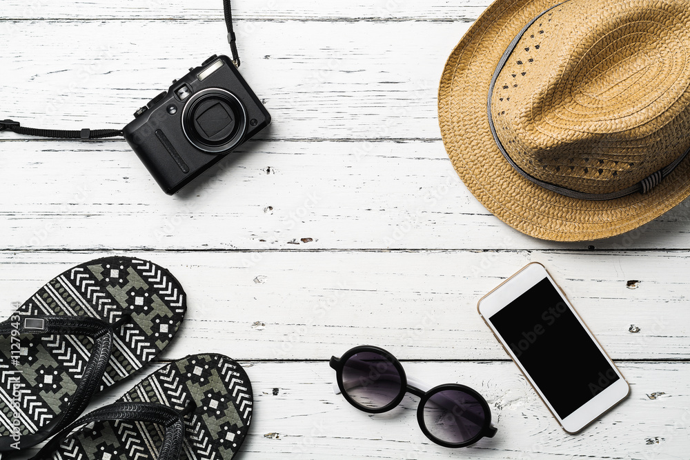 Summer holiday background, Beach accessories on table, Vacation Summer holiday background, Beach accessories on table, Vacation