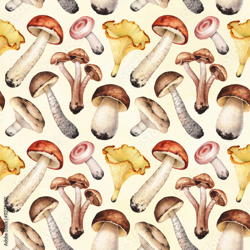 Fototapeta Watercolor illustrations of mushrooms. Seamless pattern