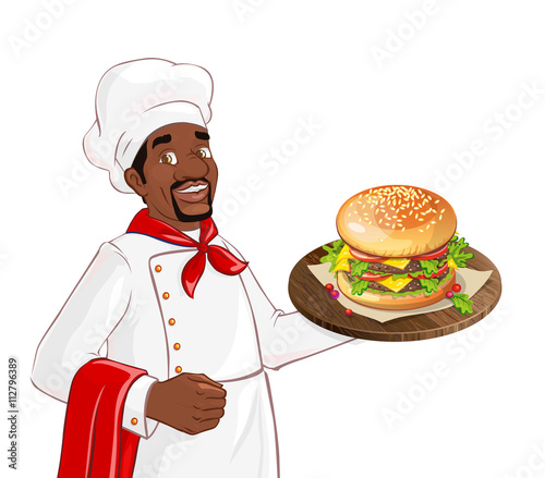 Chef holding burger on a tray. Isolated african american character on white background. Man serving in a restaurant, cafe.