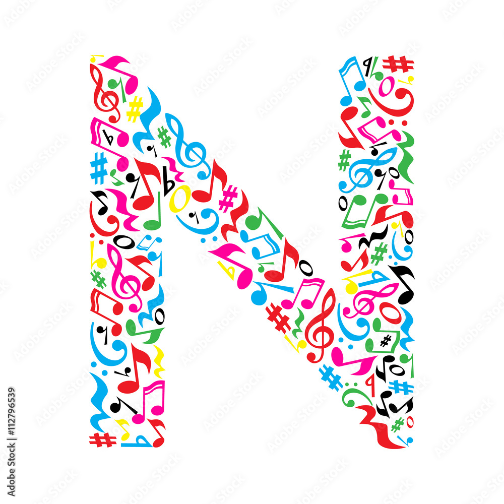 N letter made of colorful musical notes on white background ...