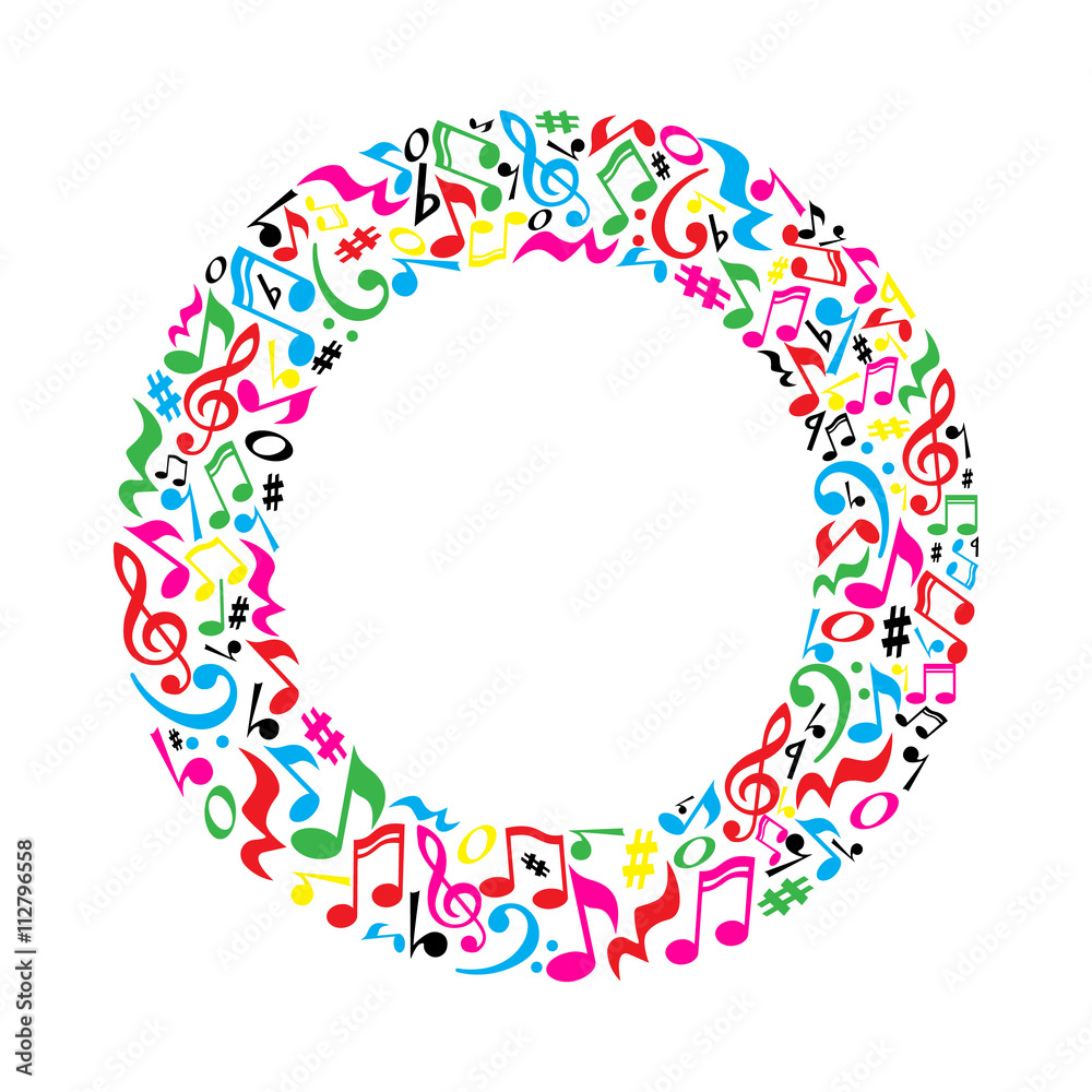 O letter made of colorful musical notes on white background. Alphabet for art school. Trendy font. Graphic decoration.