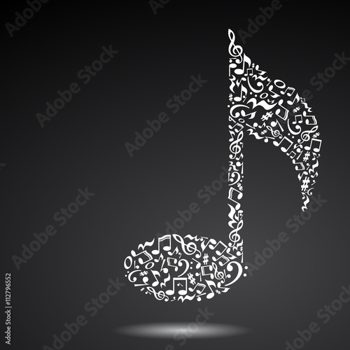 Music note made of music notes. White notes pattern. Note shape. Poster and decoration idea.
