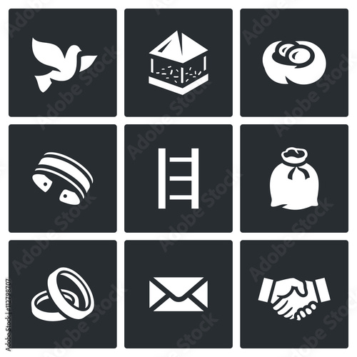 Vector Set of Dovecote Icons. Pigeon feeders, nest ring, shackles, stairs, sack, wedding, postal, friendship.