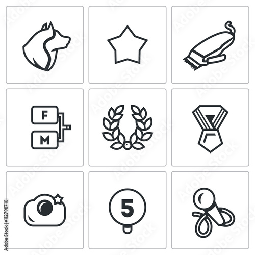 Vector Set of Dog Show Icons. Dog, Breed, Haircut, Pedigree, Glory, Victory, Photosession, Jury, Microphone.