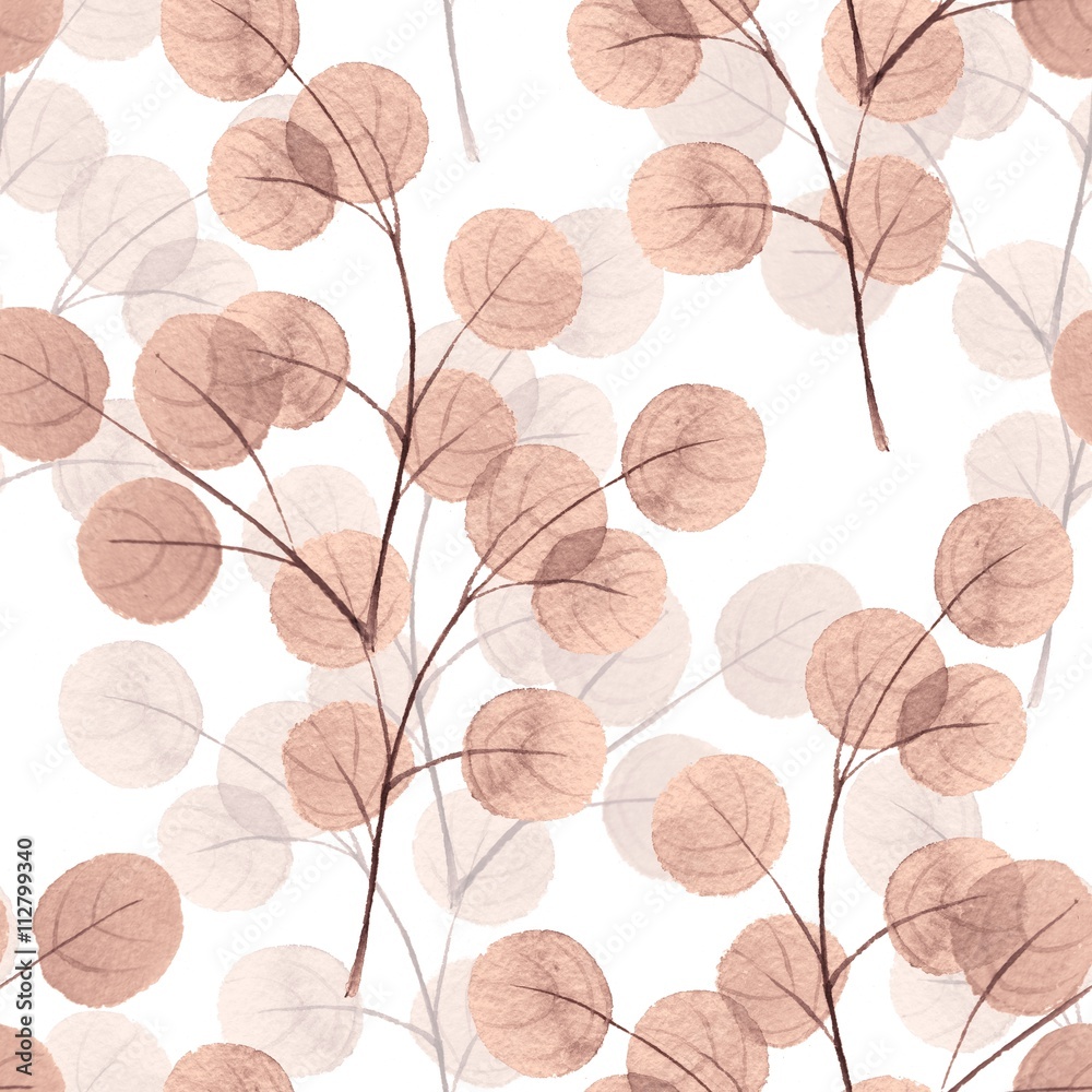Branches with round leaves. Watercolor background. Seamless pattern 8