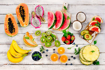 Raw Fruits background. Healthy food concept.