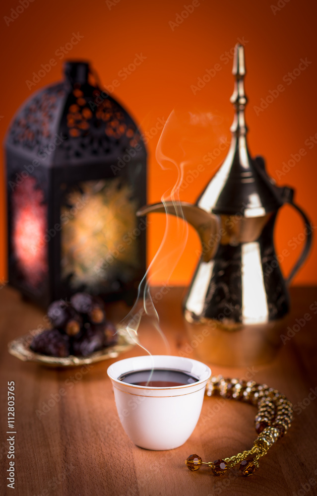 Fototapeta premium Arabian Coffee with dates and Ramadan lantern.