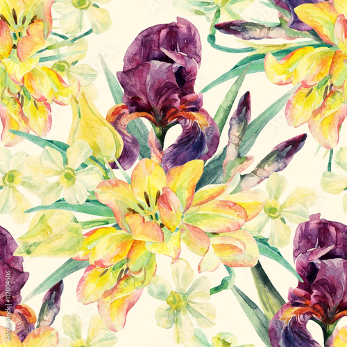 Fototapeta Naklejka Na Ścianę i Meble -  Flowers seamless pattern with watercolor irises, tulips, daffodils and leaves