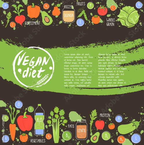 Vegan diet. Healthy food background fresh vegetable and fruit vector illustration. Vegetarian menu elements. Natural food concept.