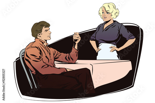 Client cafes talking with the waitress.