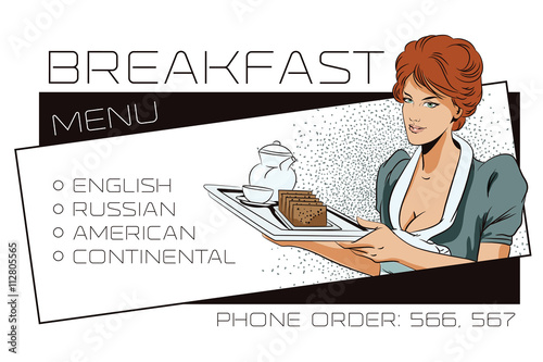 The waitress delivers breakfast. Template adv.