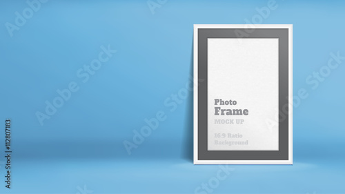Vector, Blank Photo Frame in blue studio room, Template mock up for display or montage of your content,Business presentation backdrop, 16:9 ratio background