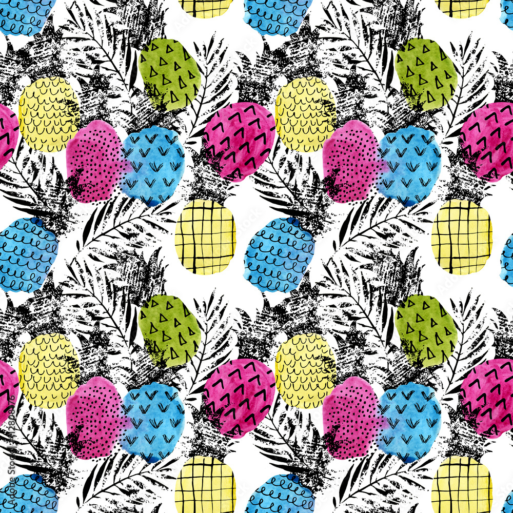 Fototapeta Kolorowy ananas z akwareli i grunge tekstur bezszwowym wzorem
