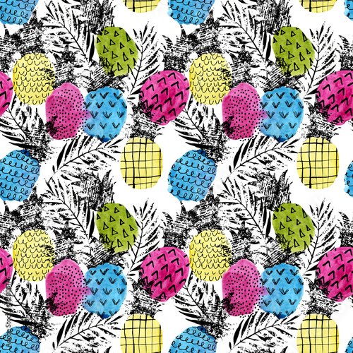 Fototapeta Kolorowy ananas z akwareli i grunge tekstur bezszwowym wzorem