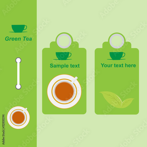 The price tag for tea, a beautiful label, different grades of tea, a cup for tea, cheerfulness and mood
