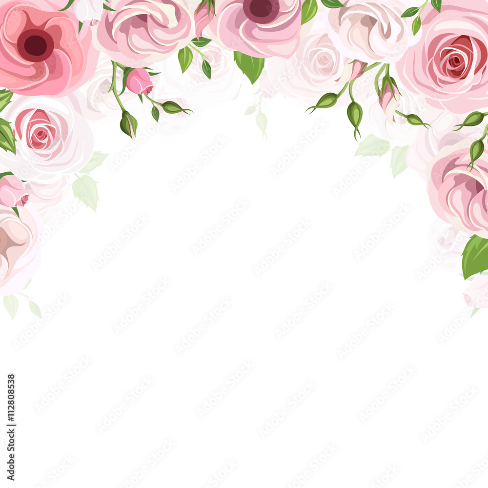 Vector background frame with pink roses and lisianthus flowers. 