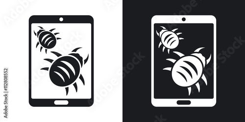 Tablet is infected by malware, vector illustration. Two-tone version on black and white background