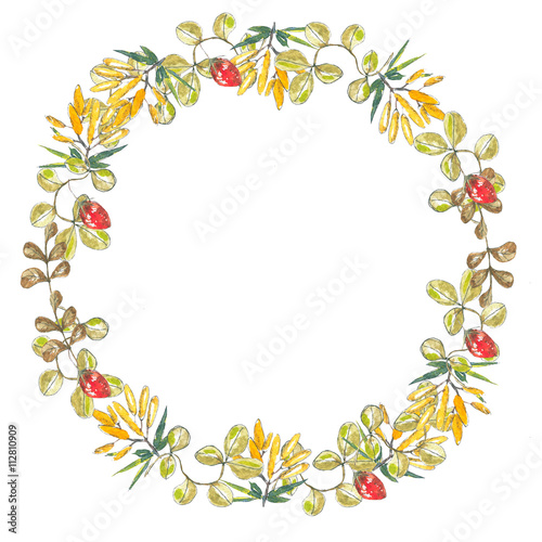 wreath yellow .watercolor painting, small berries, grass and leaves