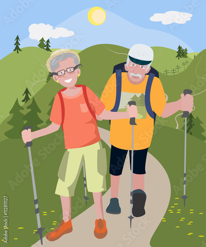 aged couple hiking at hills
