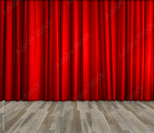 Red curtain and wooden floor interior background, template for product display, theater, interior stage